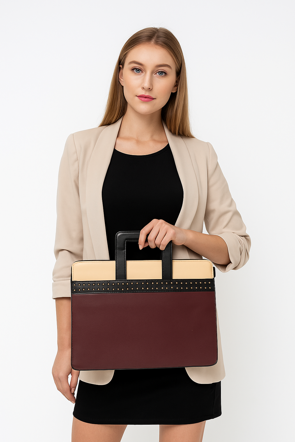 Denion Premium Leather Laptop & Document Sleeve – Maroon & Beige Organizer Bag with Hidden Handles & Studded Detailing