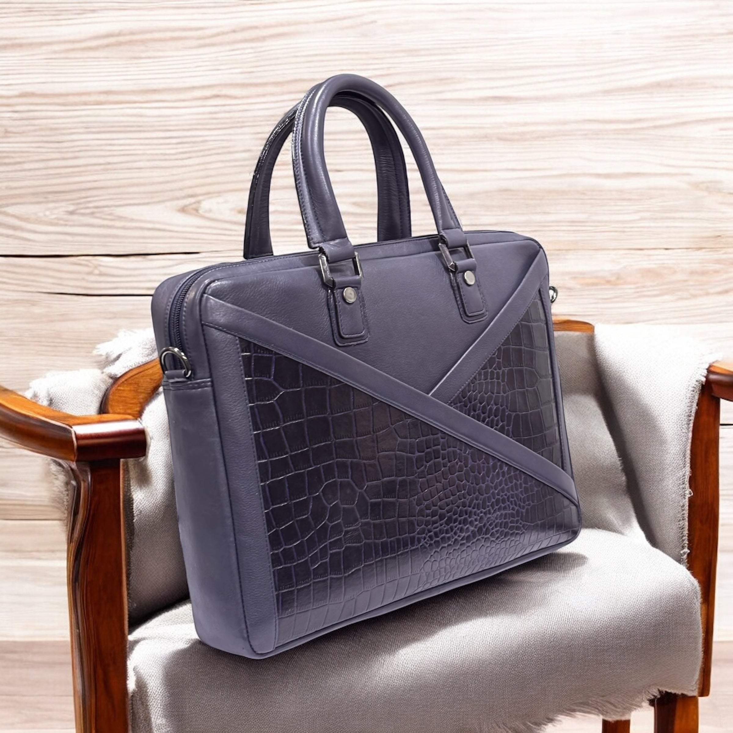 Denion Croc-Textured Leather Laptop Bag – Premium Executive Office Briefcase with Dual Handles & Shoulder Strap