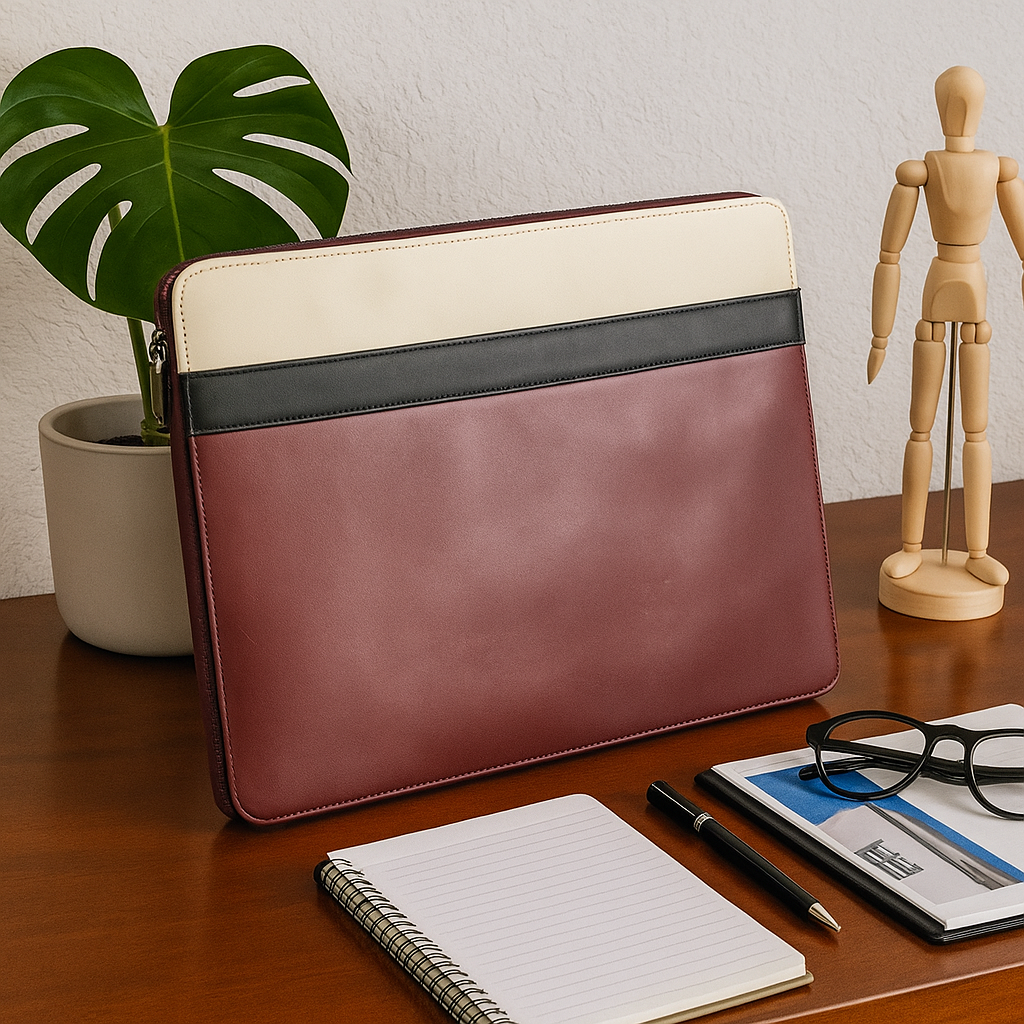 Denion Premium Leather Laptop & Document Sleeve – Maroon & Beige Organizer Bag with Hidden Handles & Studded Detailing