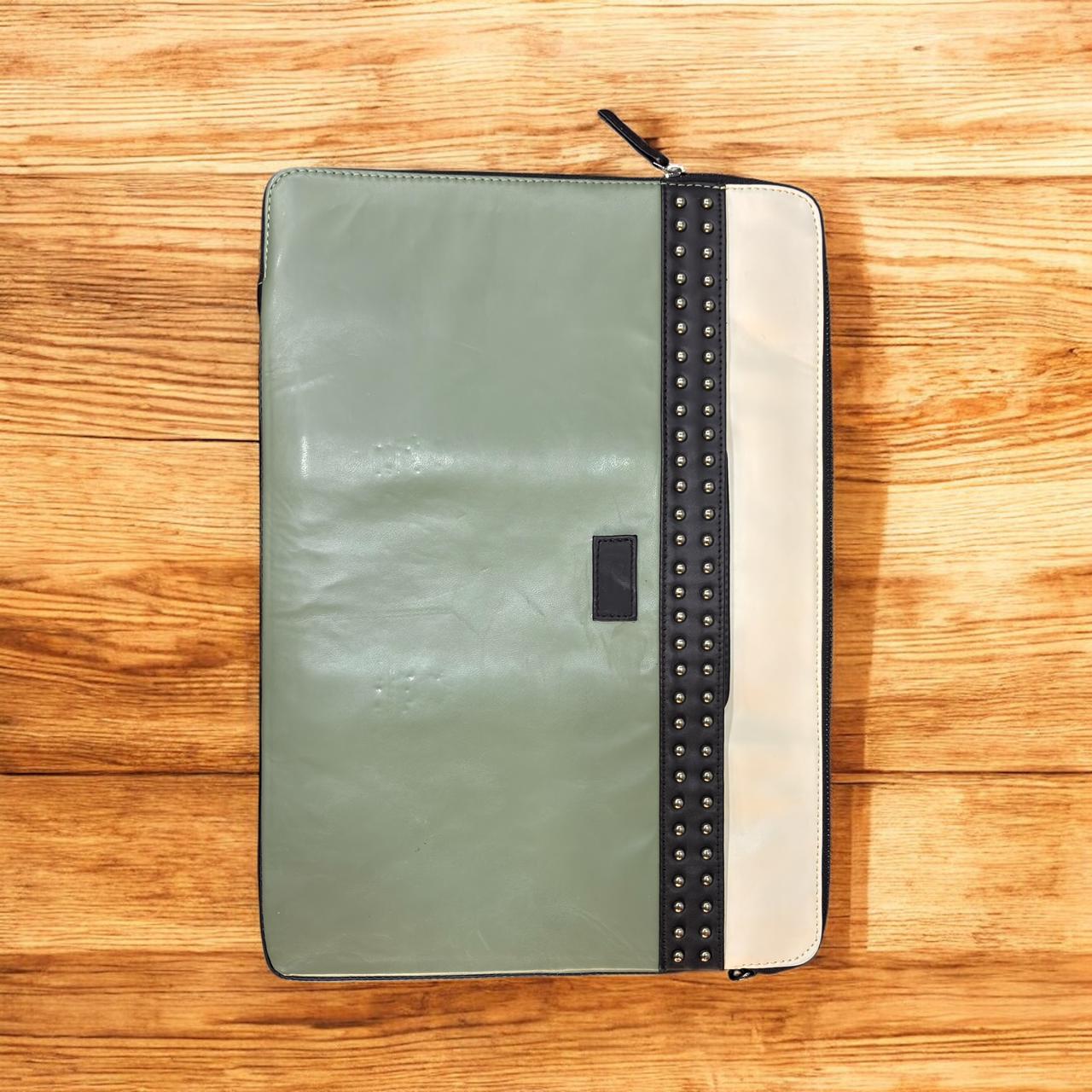 Denion Premium Leather Document & Laptop Sleeve – Green & Beige Organizer Bag with Handles and Studded Detailing