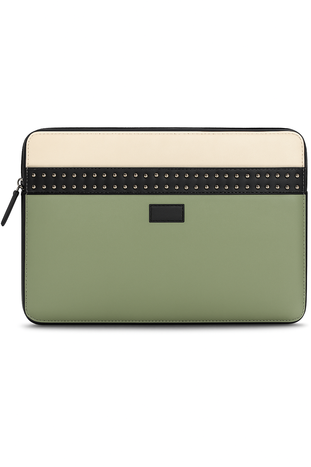 Denion Premium Leather Document & Laptop Sleeve – Green & Beige Organizer Bag with Handles and Studded Detailing