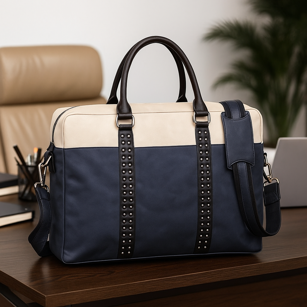 Denion Premium Leather Laptop Bag for Men & Women – Two-Tone Navy Blue & Beige Office Briefcase with Shoulder Strap