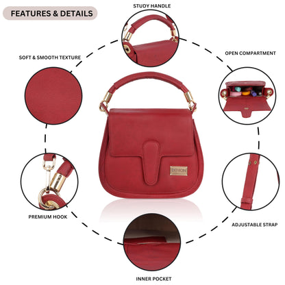 DENION Ladies Leather Handbag, 20x20x8 cm, Red, Premium Hardware with Adjustable Strap