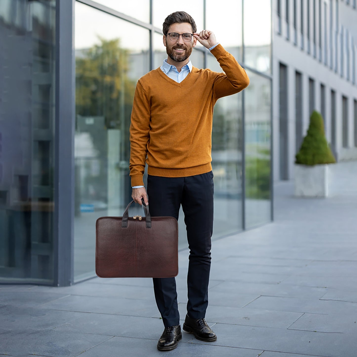 Denion Classic Brown Leather Laptop Bag with Dual Handles